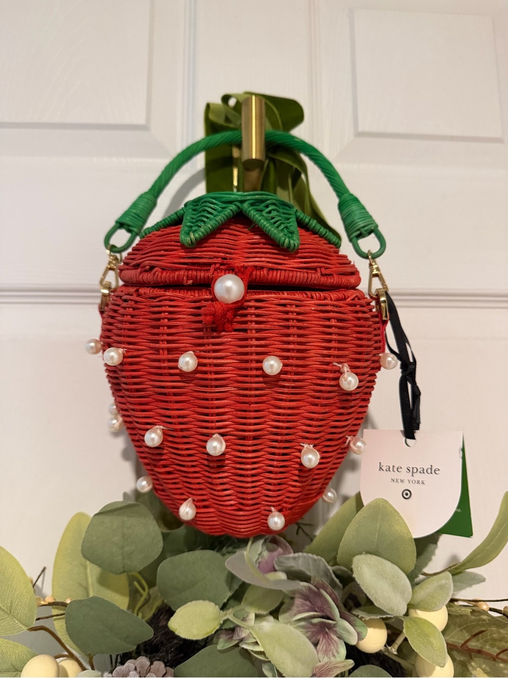kate spade Red & Green Strawberry Wicker Crossbody with Pearl Accents